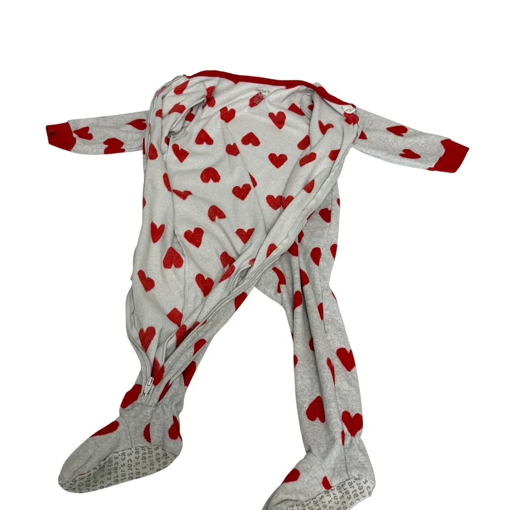 Carters 18M Red Heart Gray Fleece Footed Pajamas Long Sleeve Zip Up Sleepwear